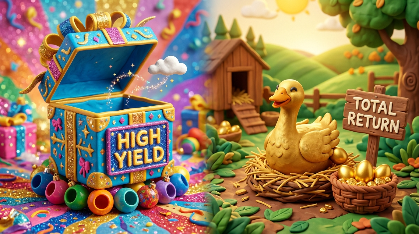겉은 화려하지만 속은 텅 빈 선물 상자(높은 배당률)와, 작지만 단단한 황금알을 낳는 거위(토탈 리턴)를 비교하는 삽화