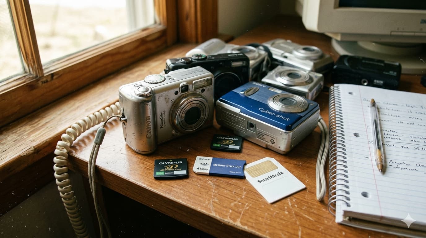 구형 콤팩트 카메라 렌즈 안쪽에 위치한 무지갯빛 CCD 센서 칩의 정밀한 매크로 사진. 반도체 회로와 금속 질감이 돋보이는 기술적 디테일 샷.