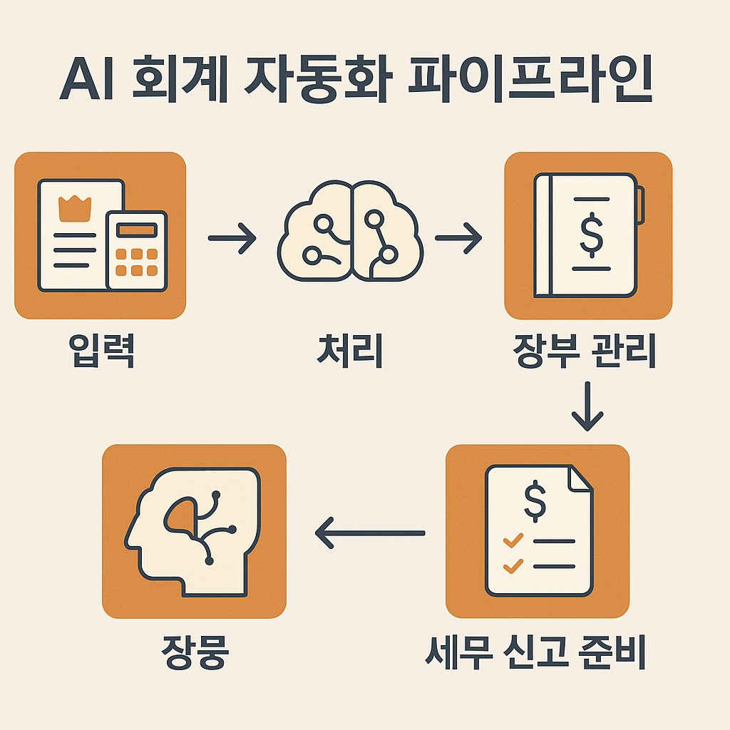 AI 회계 자동화 파이프라인 요약 이미지: 입력부터 세무 신고 준비까지 자동으로 흘러가는 과정