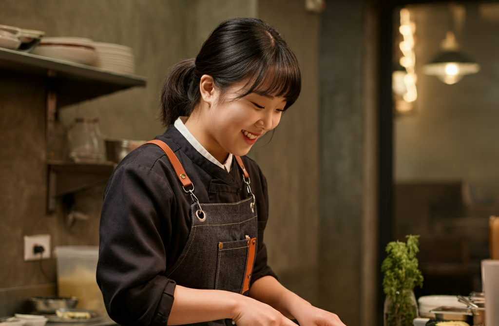 음식을 조리하는 젊은 여성
