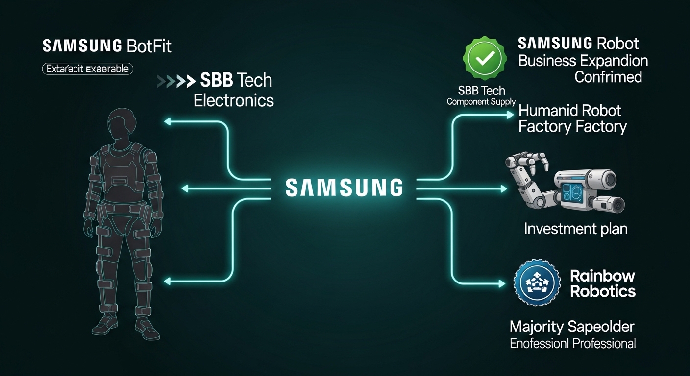 SBB Tech Samsung Electronics connection infographic dark teal background center Samsung logo glowing left panel Samsung BotFit wearable exoskeleton robot person wearing it green check badge SBB Tech component supply confirmed right panel Samsung robot business expansion humanoid robot arm factory investment plan badge bottom Rainbow Robotics majority shareholder badge glowing teal connection arrows from Samsung center to both panels English labels professional dark