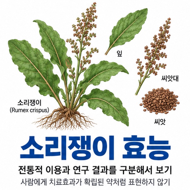 소리쟁이 효능과 Rumex crispus의 전통 이용 연구 수준 항산화 성분과 주의사항을 정리한 건강 교육용 이미지