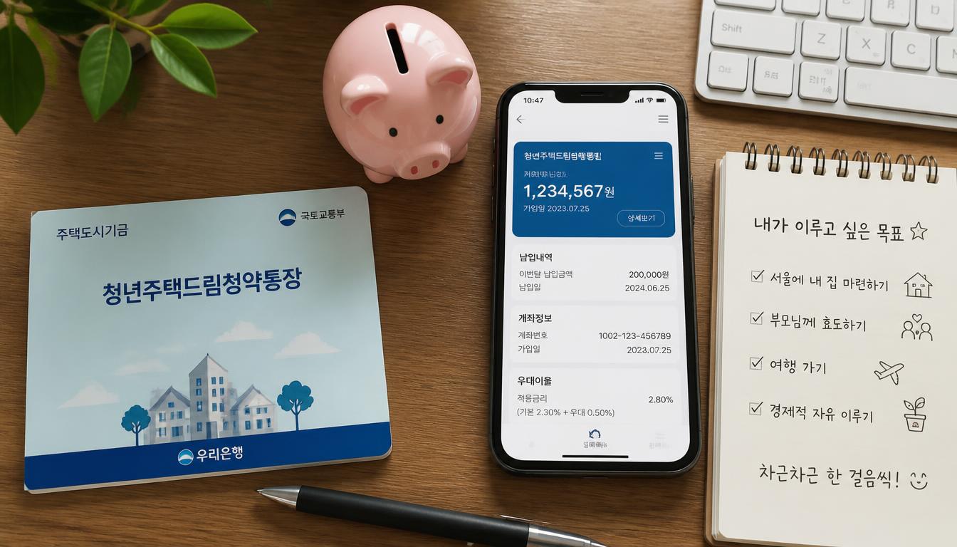 감성적인 청년 자취방 원목 책상 위에 청년 주택드림 청약통장과 스마트폰, 분홍색 돼지 저금통, 청약 관련 서류가 정갈하게 놓여 있는 사물 컷.