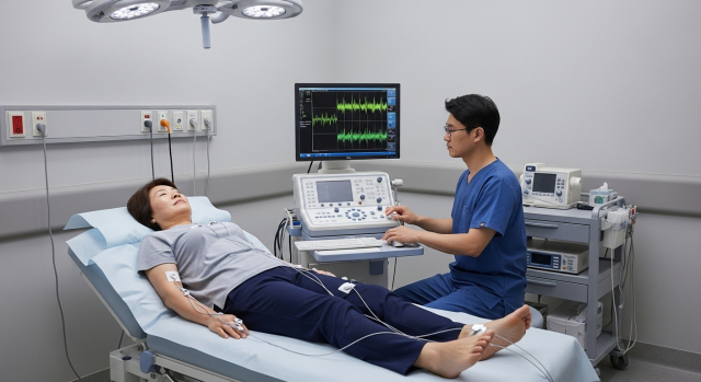 편한 복장을 입고 근전도검사 설명을 듣는 환자의 외래 진료실 모습 이미지