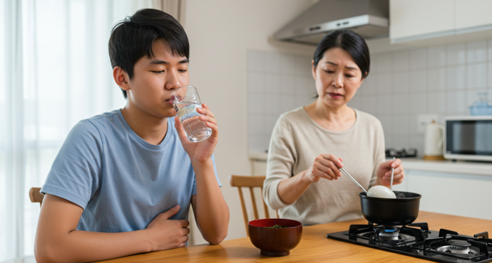 스트레스로 인해 지친 표정으로 물을 마시며 배를 감싸고 있는 소년과, 미역죽을 끓이고 있는 엄마의 따뜻한 일상 모습