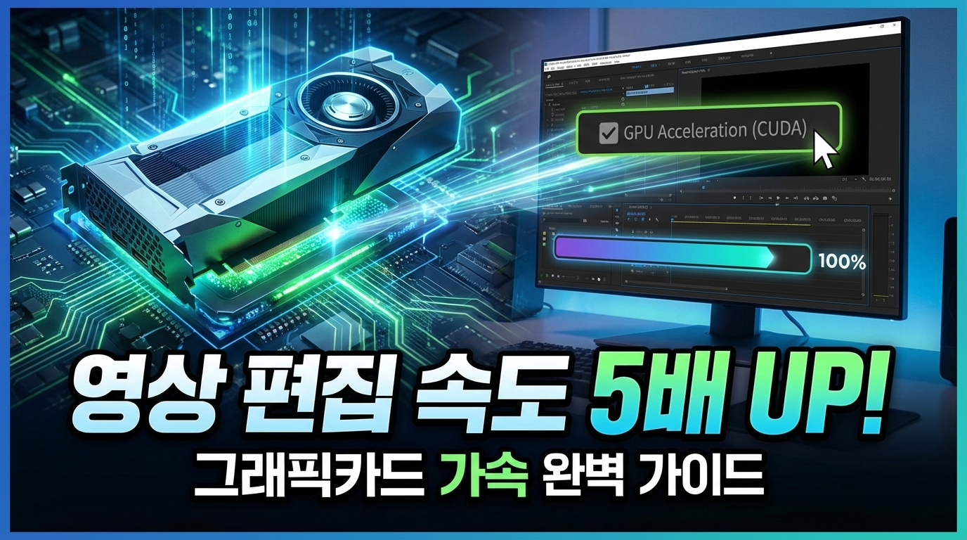 그래픽카드 가속 설정을 통해 영상 편집 렌더링 속도가 5배 빨라지는 모습을 시각화한 썸네일 이미지. GPU가 빛을 발하며 편집 프로그램의 CUDA 가속 옵션을 활성화하고 있습니다.