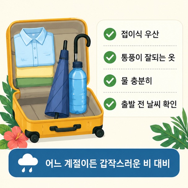 싱가포르 여행에서 접이식 우산과 물, 통풍이 잘되는 옷을 준비하고 출발 직전 실제 날씨를 확인하는 모습을 보여 주는 그림