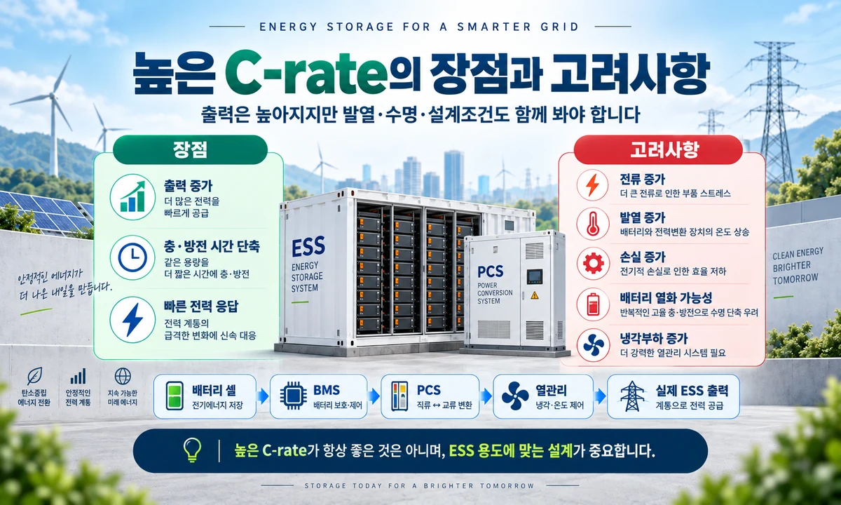 높은 C-rate 적용 시 출력 증가와 발열 손실 배터리 열화 냉각부하 등 장점과 고려사항