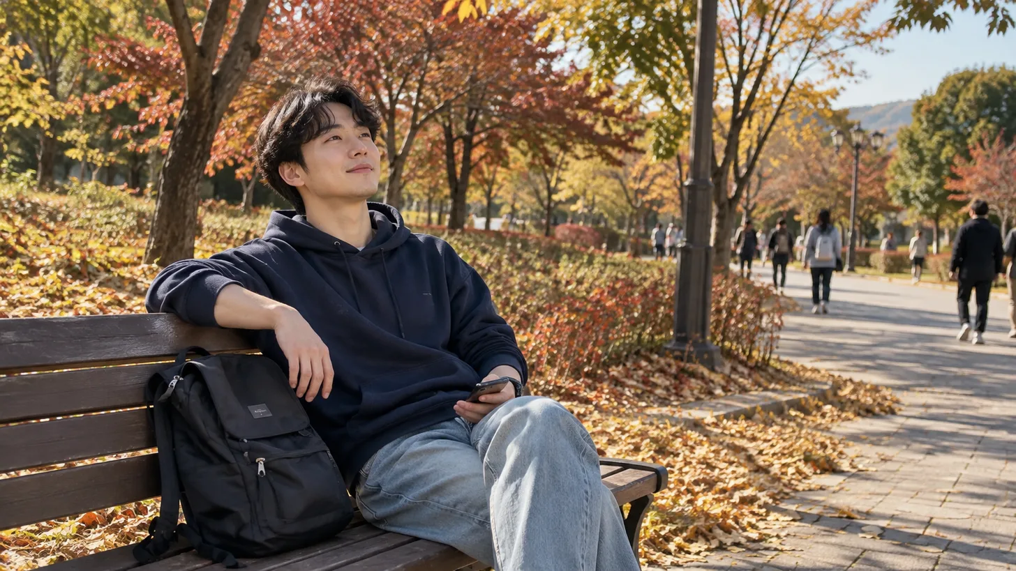 한가로운 오후에 가방을 메고 모임 장소로 향하는 사람
