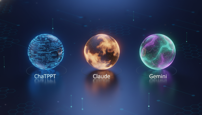 2025년 최신 AI 모델인 ChatGPT, 클로드, 제미나이를 상징하는 미래 지향적인 테크 이미지