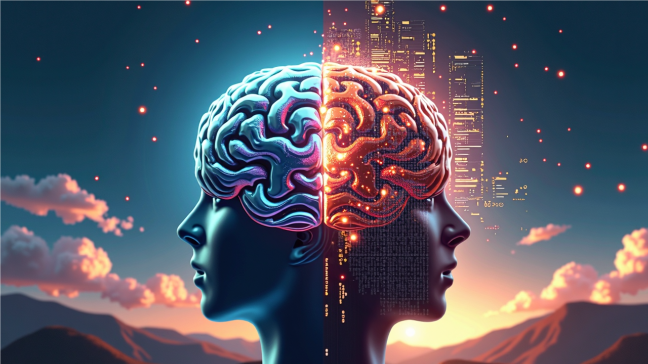 AI 할루시네이션이 창의성과 위험성을 동시에 내포하고 있음을 시각적으로 나타낸 이미지입니다. 한쪽은 혁신적인 아이디어를 상징하고 다른 쪽은 잘못된 정보의 위험성을 강조합니다.