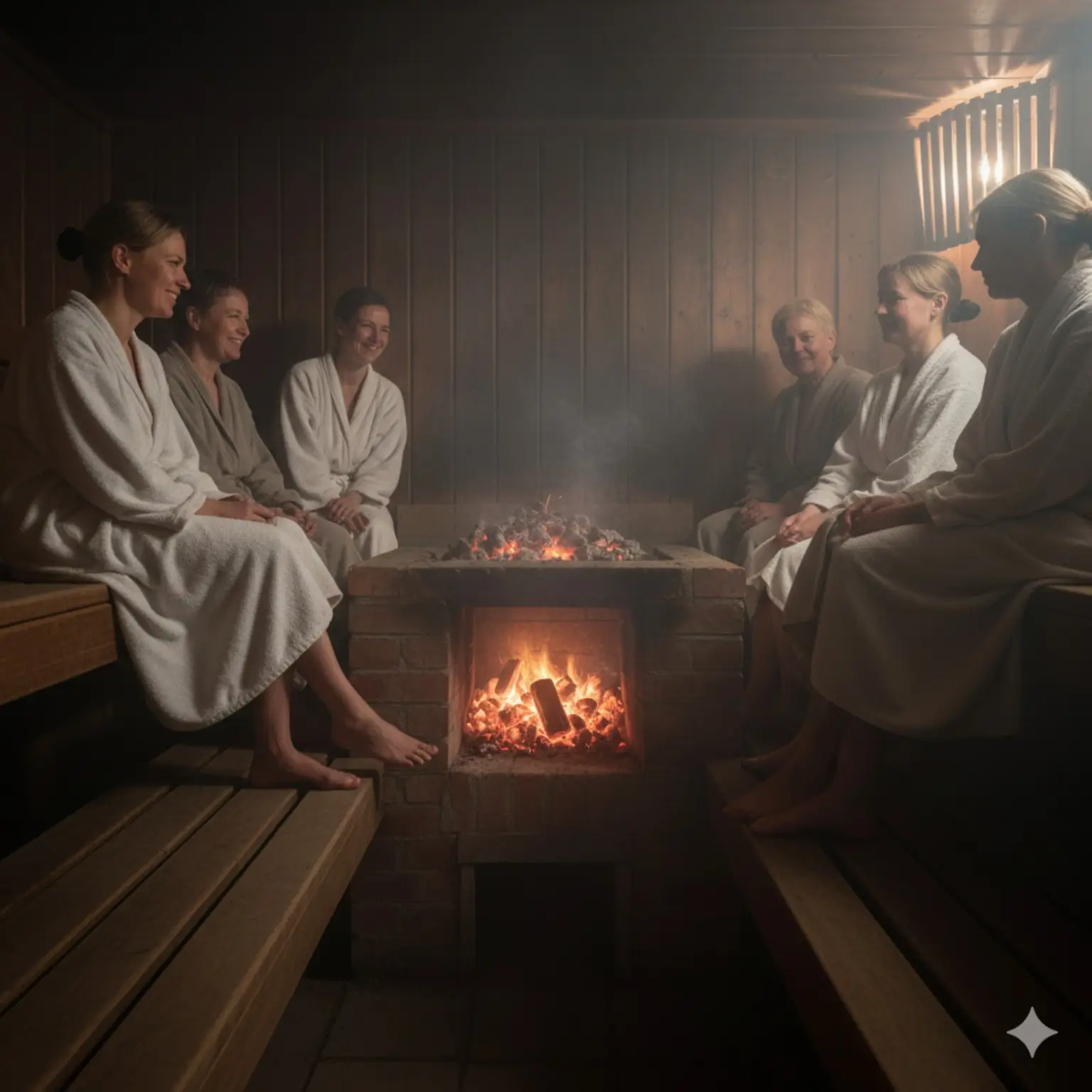 숯가마 찜질방에서 여러 사람이 숯불 화덕 주위에 모여 앉아 열기를 즐기는 모습으로, 밀폐된 공간에서 일산화탄소가 축적될 수 있는 환경을 나타내는 이미지