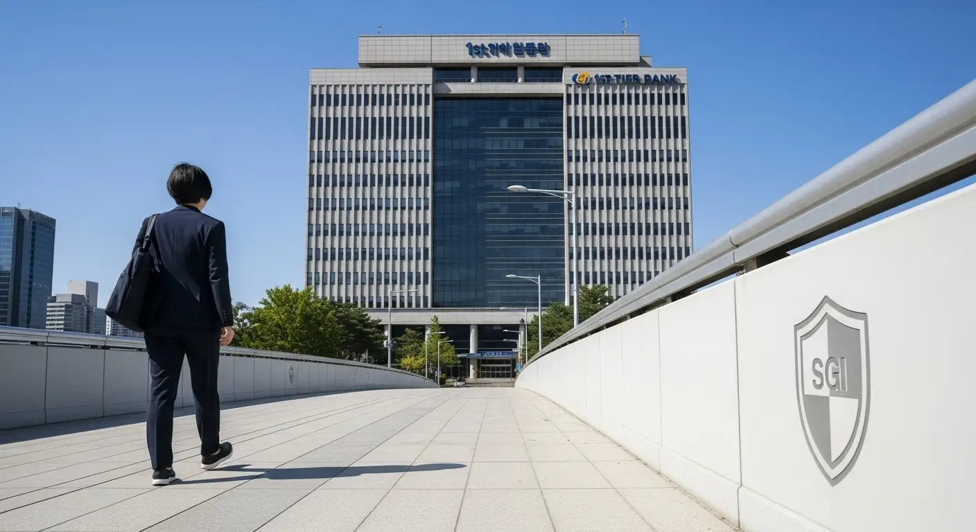 SGI 서울보증보험(방패)의 보증을 통해 1금융권 은행으로 안전하게 연결되는 것을 상징하는 이미지