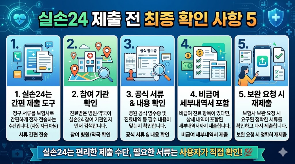 실손24 제출 전 최종 확인 사항을 인포그래픽으로 정리한 이미지