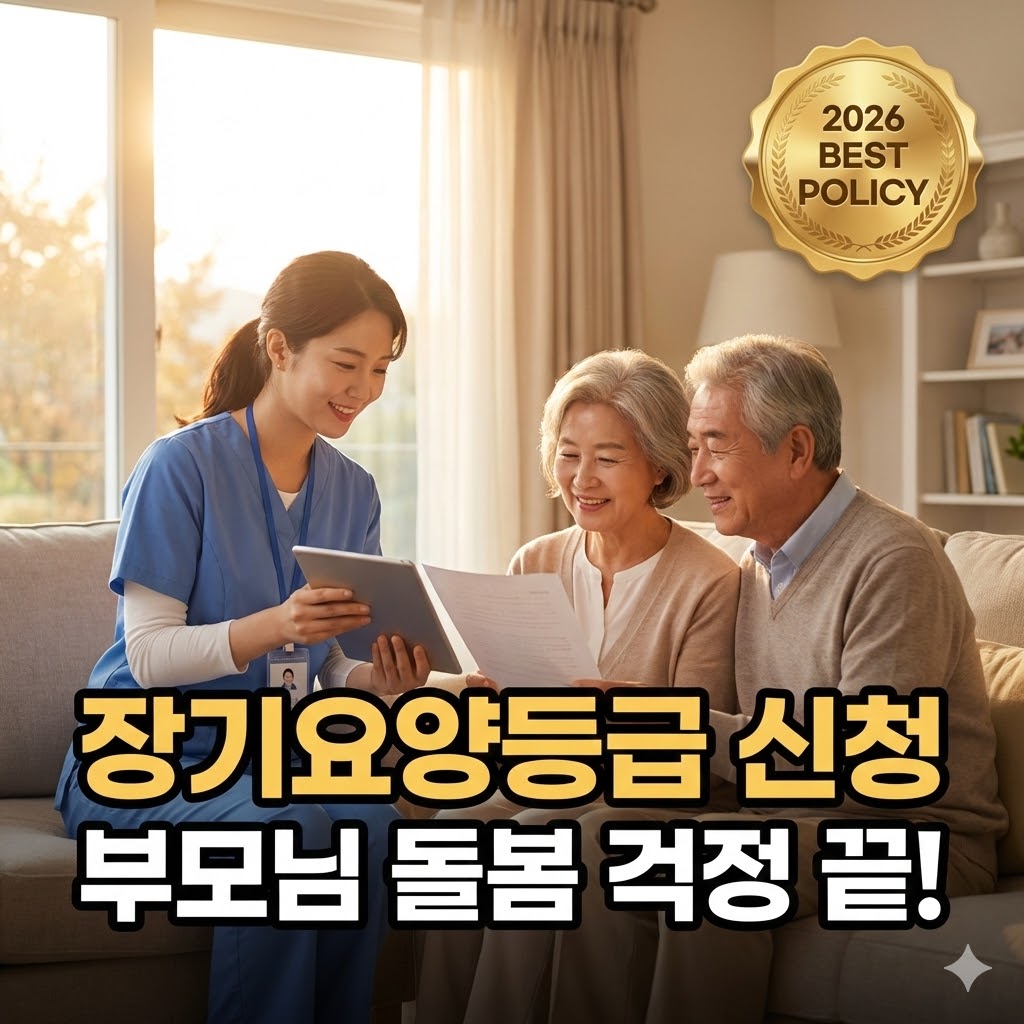 026년 최신 노인장기요양보험 신청 가이드. 65세 이상 어르신을 위한 5단계 신청 절차와 방문 조사 통과를 위한 실전 꿀팁, 그리고 본인 부담금 비교표를 담은 정보성 이미지