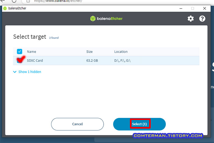 balenaEtcher SD 카드 목록
