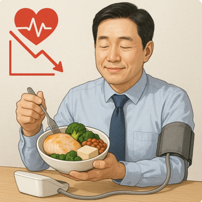 중년 직장인이 단백질이 풍부한 건강식 식사를 하며 혈압을 체크하는 장면.