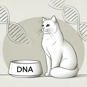 건강하고 평온한 표정의 고양이가 ‘DNA’ 라벨이 붙은 사료 그릇 옆에 앉아 있는 장면을 담고 있음. 유전자 분석을 기반으로 한 맞춤 사료 선택이라는 주제를 시각적으로 부드럽고 직관적으로 표현