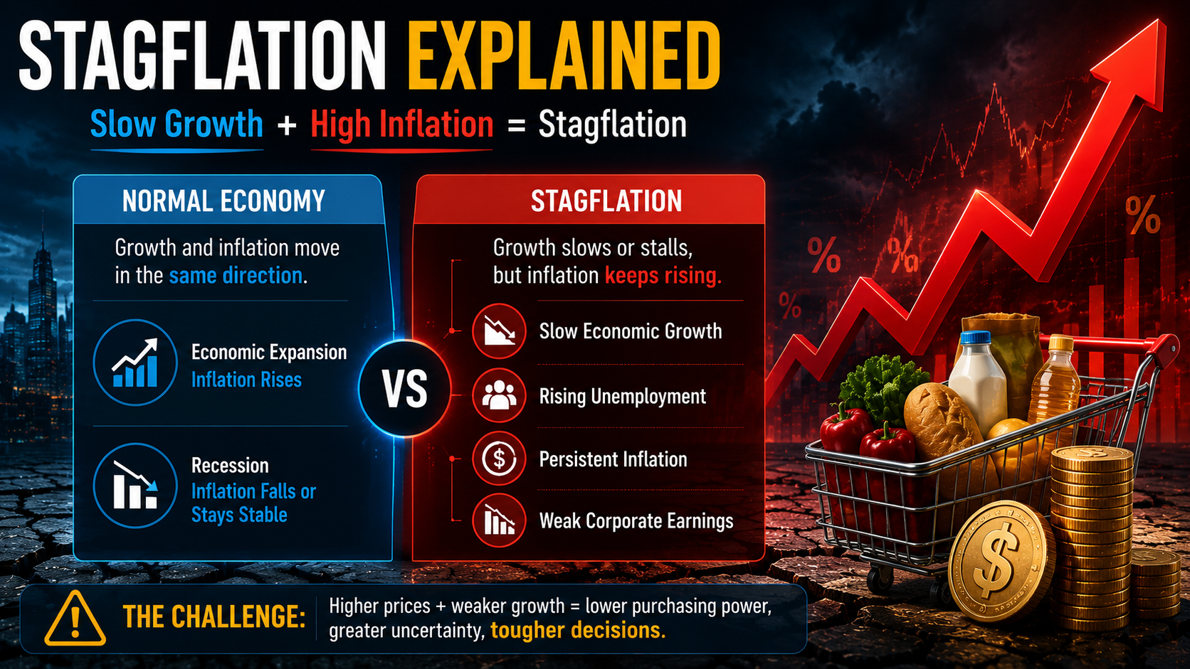 Impact of stagflation on stocks, bonds, gold, commodities, and Bitcoin during a period of economic slowdown and inflation.