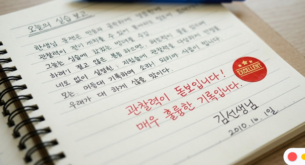 실습일지에 교수님의 칭찬 스티커나 빨간색 긍정적인 피드백 메모