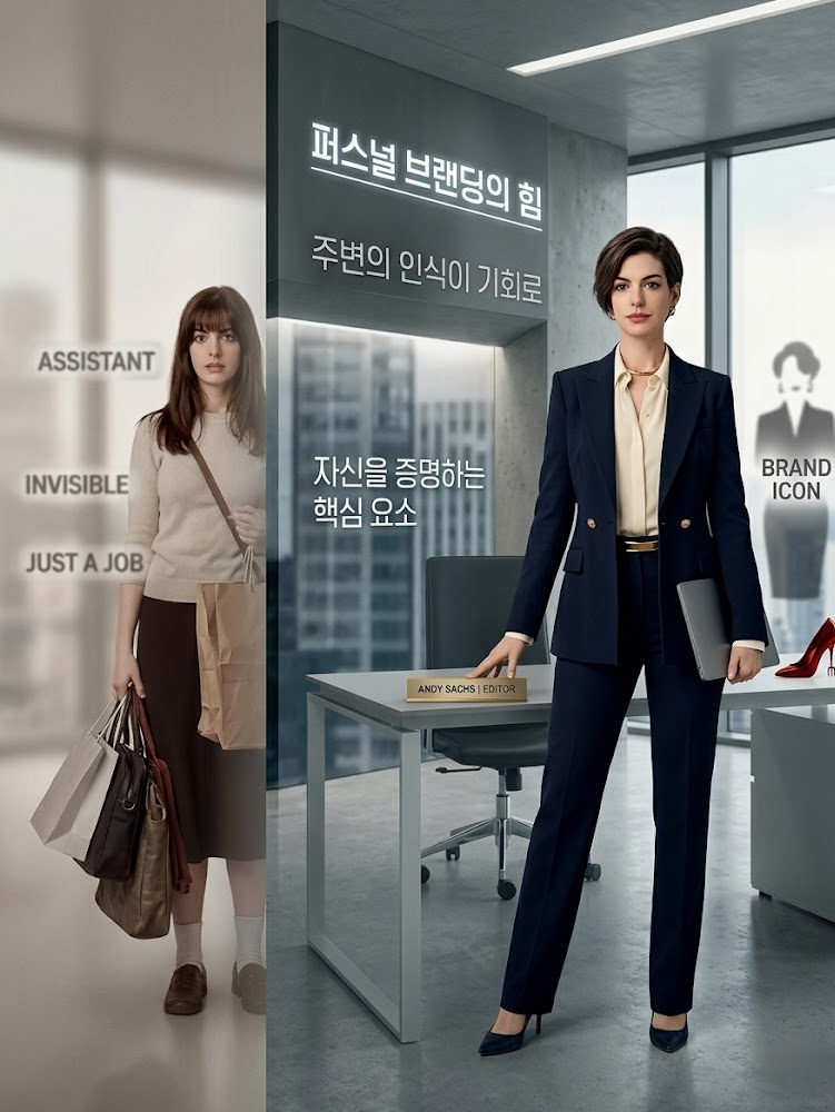 영화 <악마는 프라다를 입는다> 속 앤디의 전후 변화를 통해 브랜딩의 힘을 보여주는 콜라주 이미지입니다. 왼쪽의 평범한 비서 모습과 오른쪽의 세련된 편집자 모습이 대비되며, 퍼스널 브랜딩이 기회로 연결됨을 시각화했습니다.