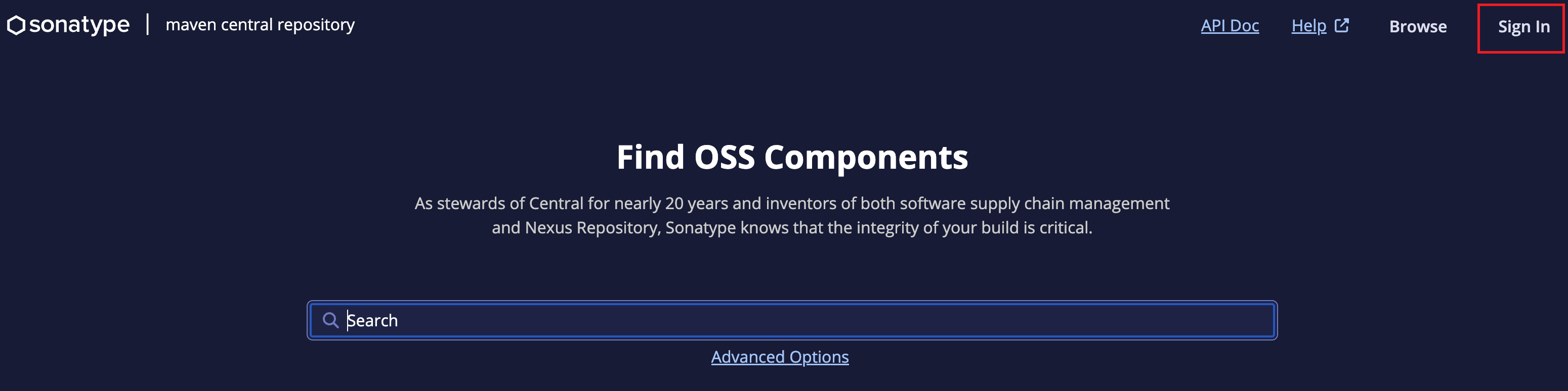 Maven Central Repository 메인화면