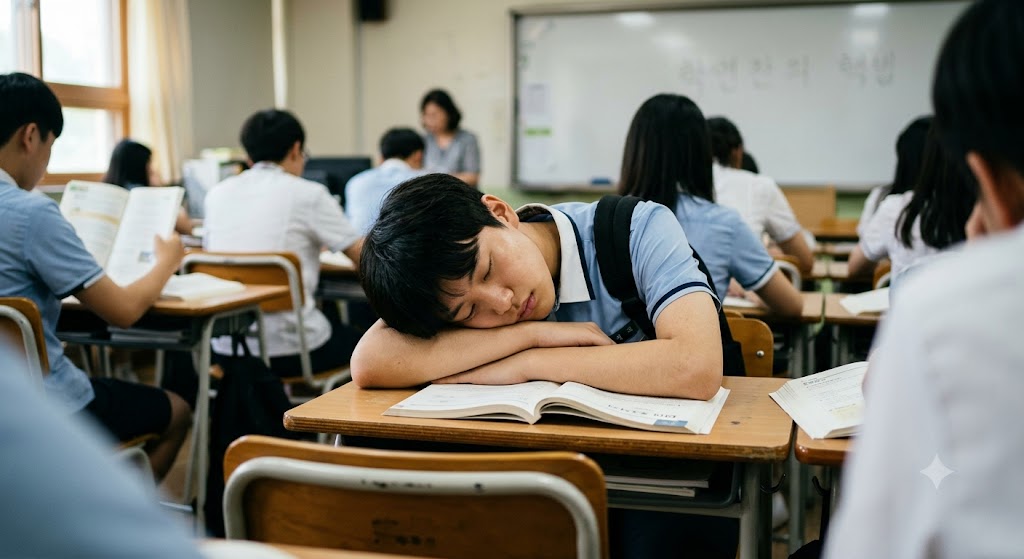 책상에서 졸고 있는 아이