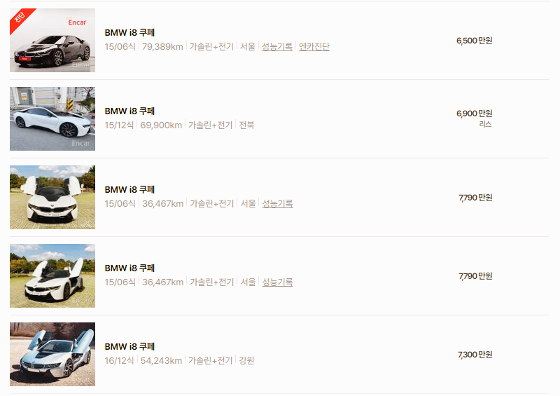 BMW i8 중고차 가격 시세표 고속 시내 연비