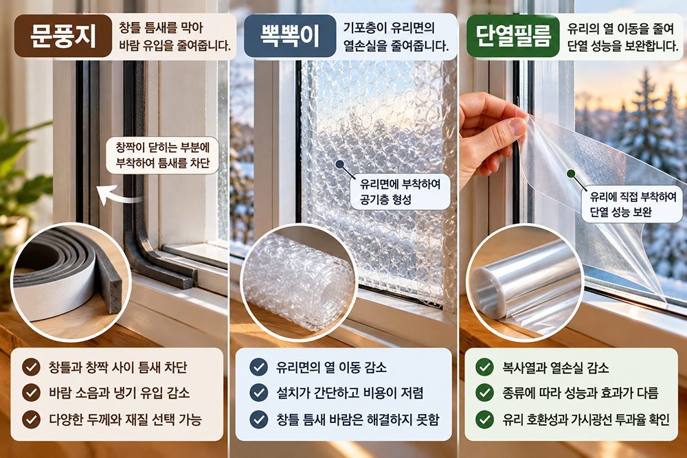 창문 외풍 차단용 문풍지, 뽁뽁이, 단열필름의 설치 위치와 단열 효과 및 제품별 특징 비교