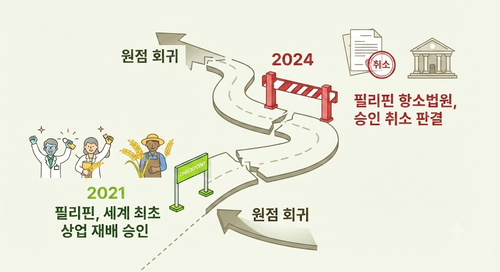2021년 필리핀의 세계 최초 상업 재배 승인으로 환호하는 과학자들의 모습(왼쪽)과, 2024년 필리핀 항소법원의 판결로 승인이 취소되면서 다시 법적 서류가 원점으로 돌아가는 상황(오른쪽)을 대비시켰습니다. 긴 여정이 다시 제자리로 온 허탈함을 시각화합니다.