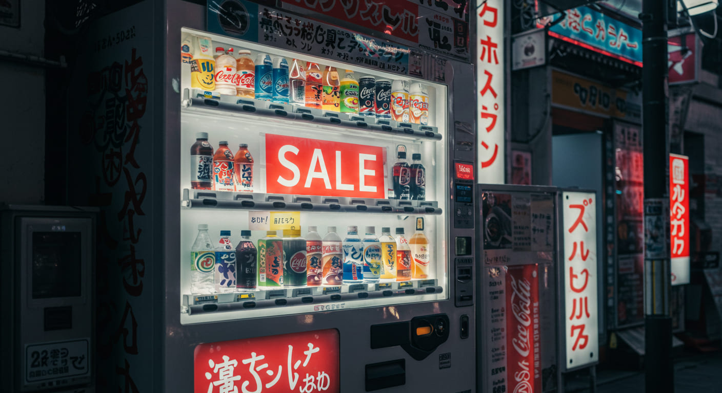 일본 자동판매기에 표시된 'SALE' 할인 문구, 도쿄 밤거리에 위치한 모습