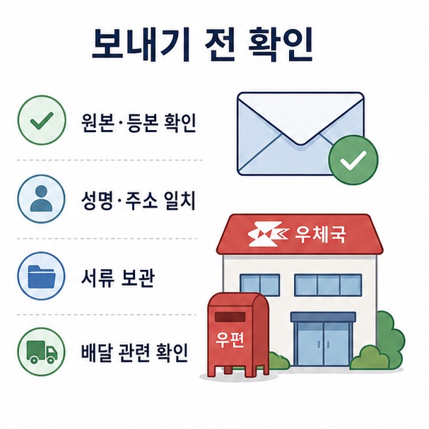 내용증명 발송 전 원본과 등본, 성명과 주소 일치, 관련 자료 보관, 배달 확인 사항을 정리한 그림