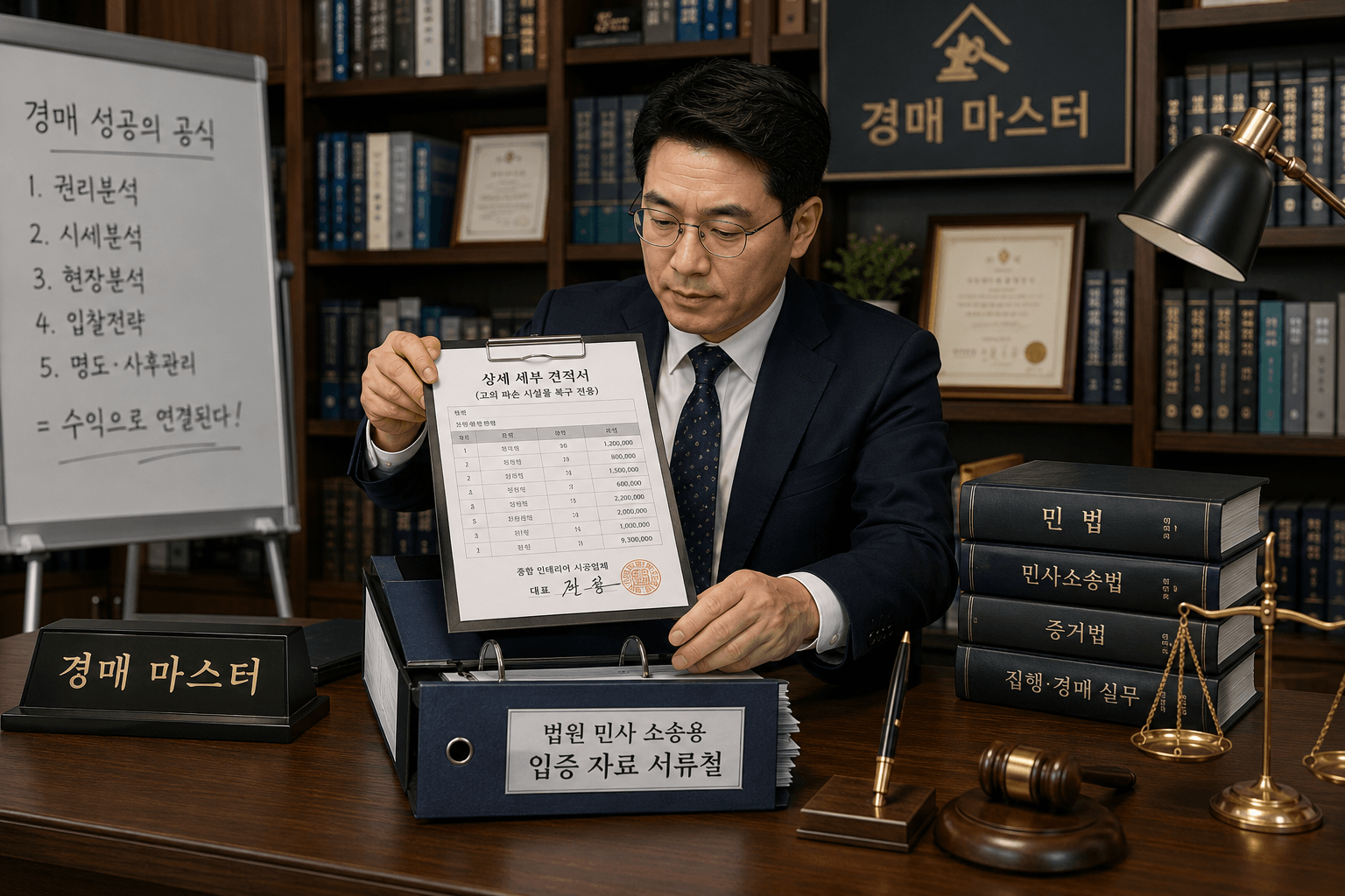 종합 인테리어 시공업체 대표로부터 날인된 고의 파손 시설물 복구 전용 상세 세부 견적서를 전달받아 법원 민사 소송용 입증 자료 서류철에 결합하는 경매 마스터의 모습