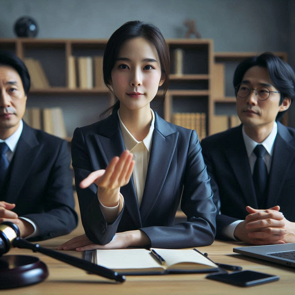 변호사가 자신있게 설명하고 있다.