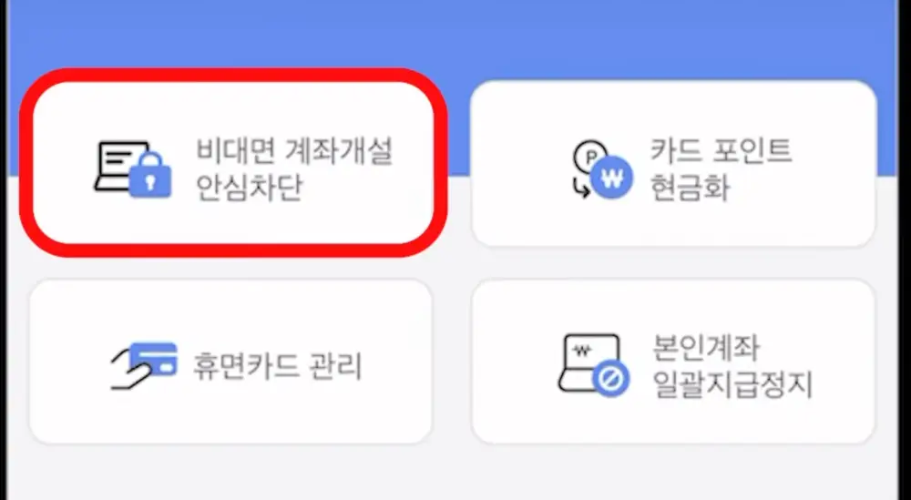 어카운트인포 비대면 계좌개설 안심차단 신청화면
