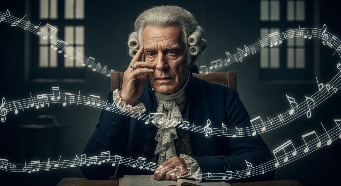 어두운 정신병원에서 모차르트의 천재성을 회상하며 고뇌하는 노년의 살리에리. 질투와 괴로움이 드러나는 표정.