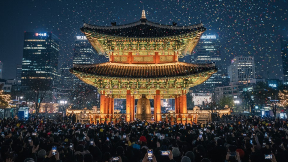 새해 자정, 화려한 조명과 함께 울려 퍼지는 보신각 타종 장면.