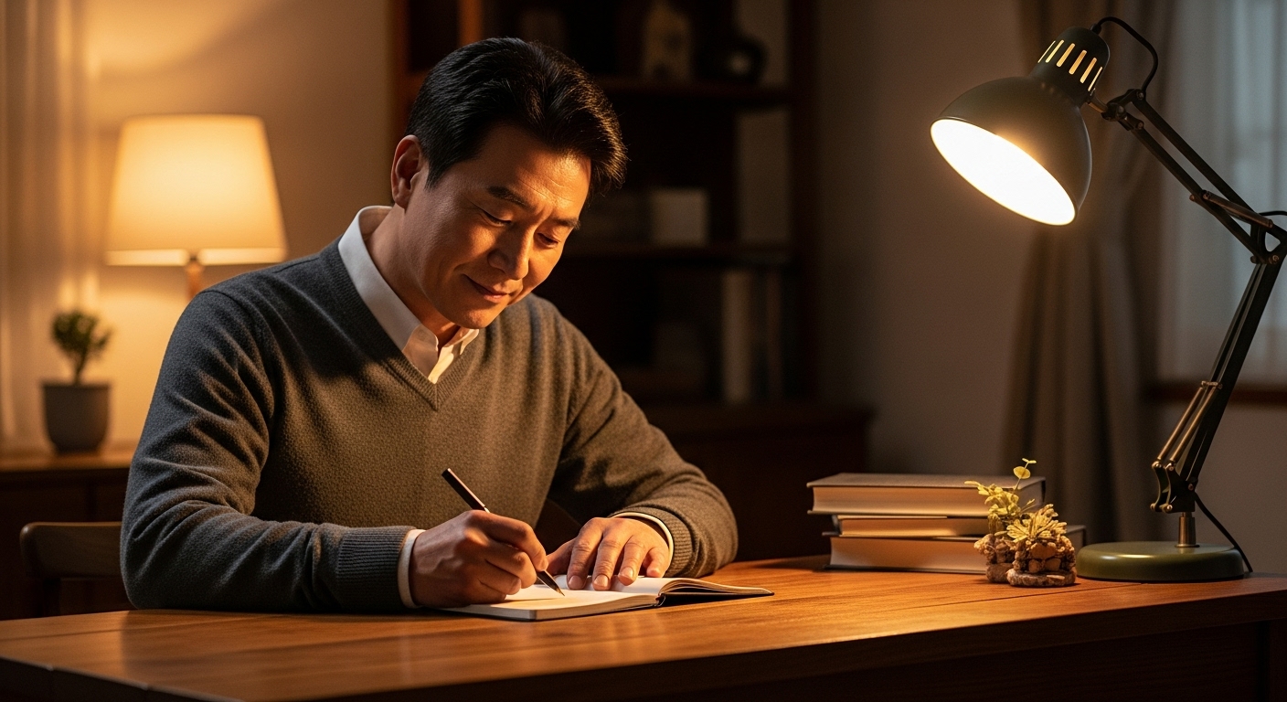 남성이 감정 일기 작성하는 장면