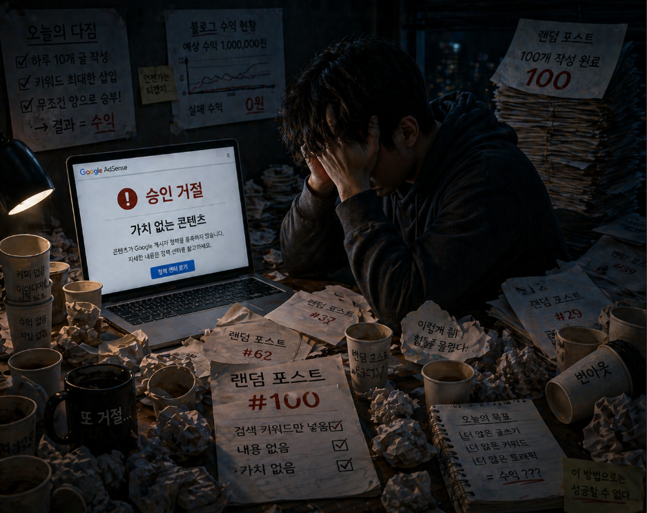 무분별한 글쓰기로 인해 애드센스 승인이 거절되어 좌절한 블로거