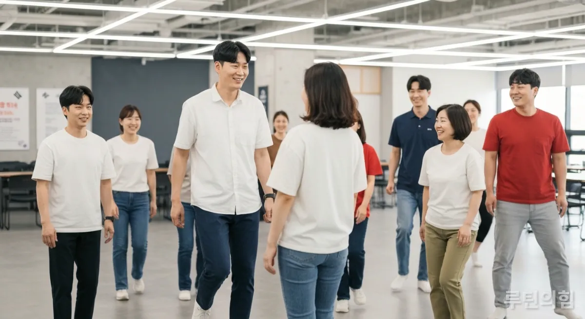 다양한 연령대의 사람들이 함께 짧은 스트레칭이나 가벼운 활동을 하는 모습