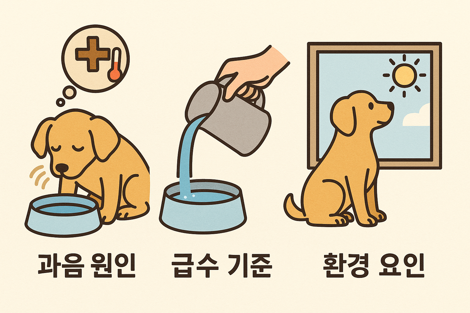 이 이미지는 "강아지 물 급여"를 주제로 세 가지 핵심 요소인 과음 원인, 급수 기준, 환경 요인을 시각적으로 표현한 인포그래픽입니다. 왼쪽에는 건강 문제로 물을 많이 마시는 강아지, 가운데는 물을 적절히 급여하는 모습, 오른쪽에는 따뜻한 날씨와 외부 환경에서 물을 필요로 하는 강아지가 묘사되어 있어, 강아지의 수분 섭취 관리에 대한 이해를 돕는 간결하고 직관적인 구성입니다.
