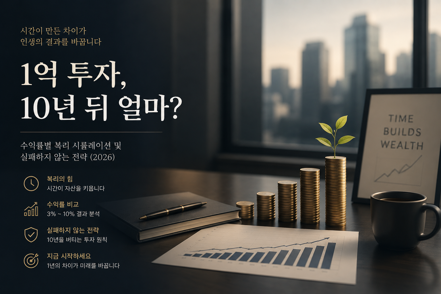 1억 투자 10년 뒤 수익률별 복리 시뮬레이션 인포그래픽