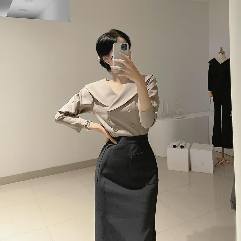 오브 오프숄더 스판 블라우스