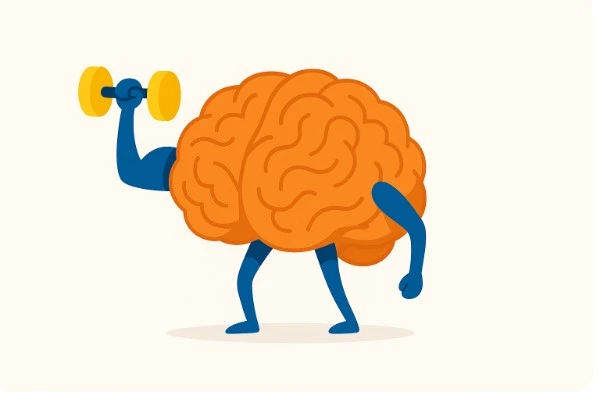 작은 아령을 드는 양식화된 뇌를 현대적 미니멀 스타일로 표현한 일러스트