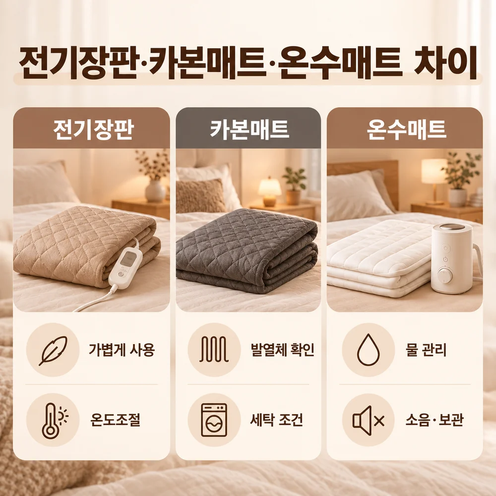 전기장판·카본매트·온수매트의 발열 방식과 온도조절, 세탁 조건, 물 관리 및 소음 차이를 비교한 이미지