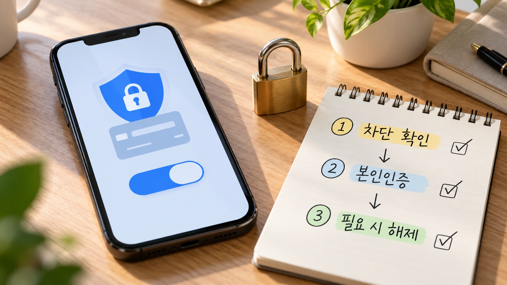 휴대폰 결제 차단 확인과 본인인증 후 해제를 나타낸 보안 안내 이미지