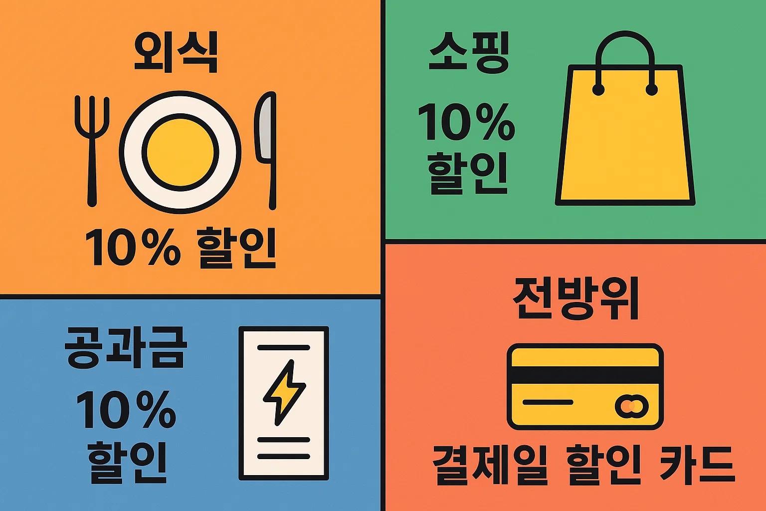 외식&middot;쇼핑&middot;공과금 10% 할인, 결제일 전방위 할인 구조를 갖춘 신한카드 디스카운트 플랜의 핵심 혜택을 시각적으로 정리한 인포그래픽.