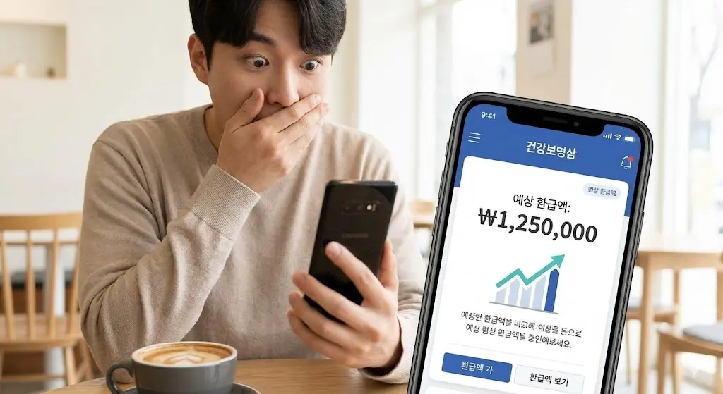 '스마트폰 건강보험 앱 화면에서 환급 예상액을 보고 깜짝 놀라는 사람 이미지'