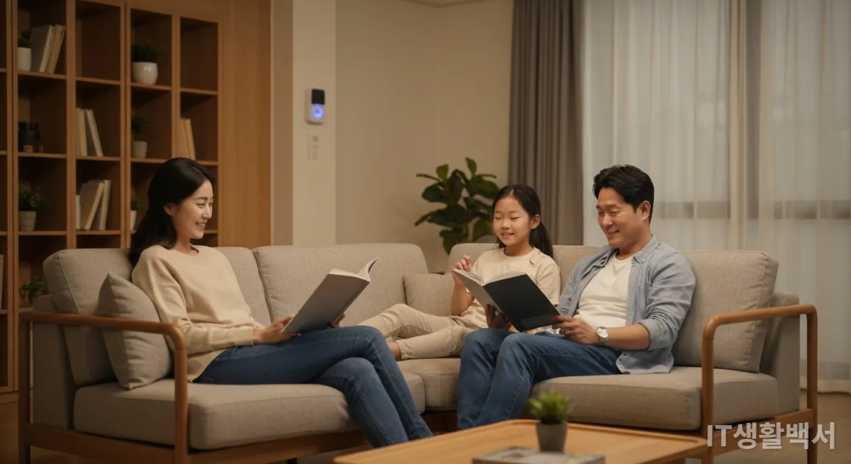 맞춤형 스마트홈 환경에서 편안하게 휴식하는 한국인 가족