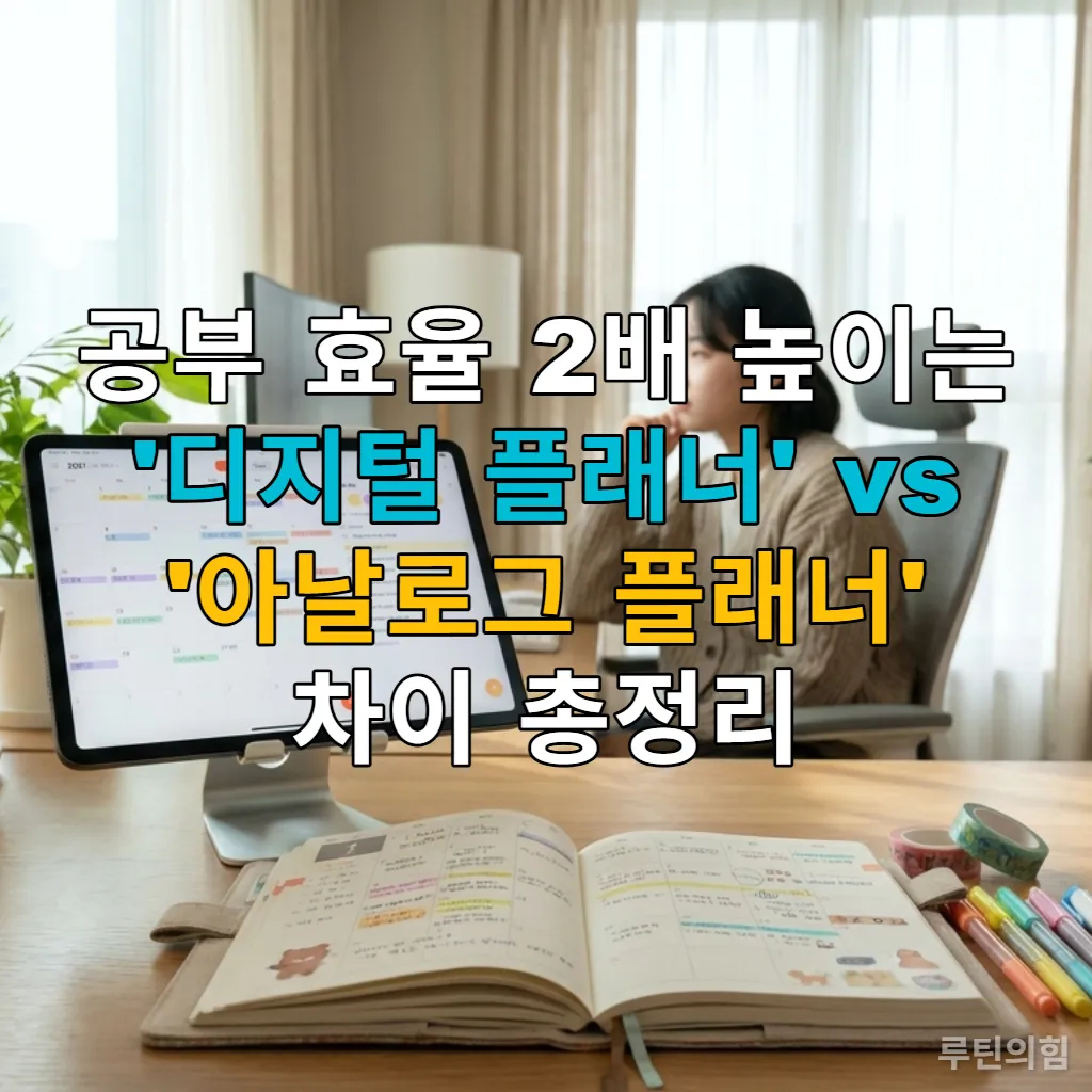디지털 플래너가 열린 태블릿과 손글씨가 가득한 아날로그 플래너가 나란히 놓인 한국 학생의 깔끔한 책상